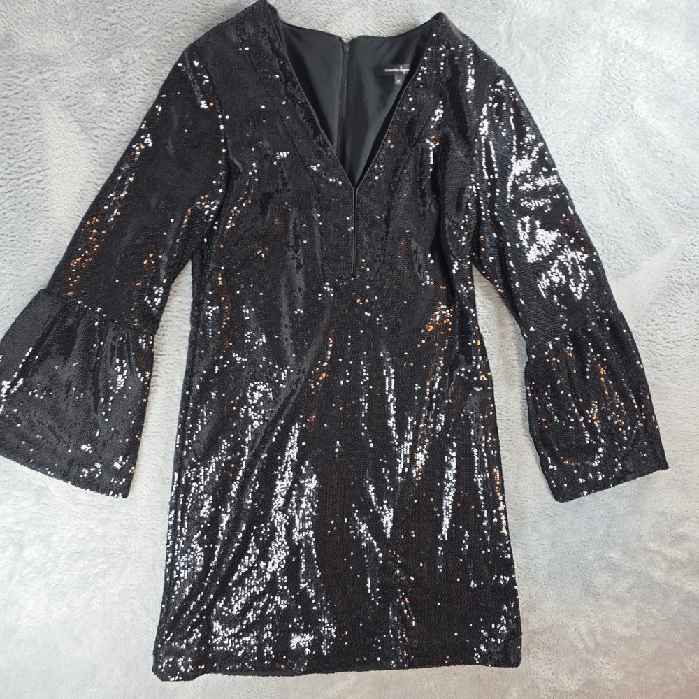 Nanette Lepore‎ Women 8 Black Sequin Mini Dress Bell Sleeve V-Neck Shift Party